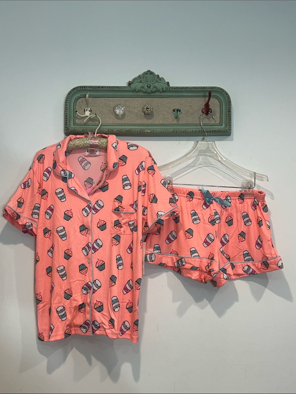 Hot Coral Pink Cupcake & Coffee Sweetie Short Pajama Set by Sleep Plz Large new